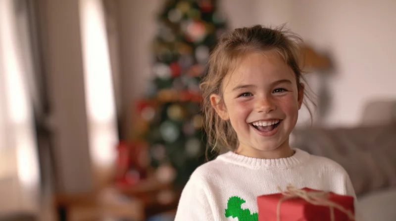 Young girl smiling while holding a wrapped gift in front of a decorated christmas tree indoors