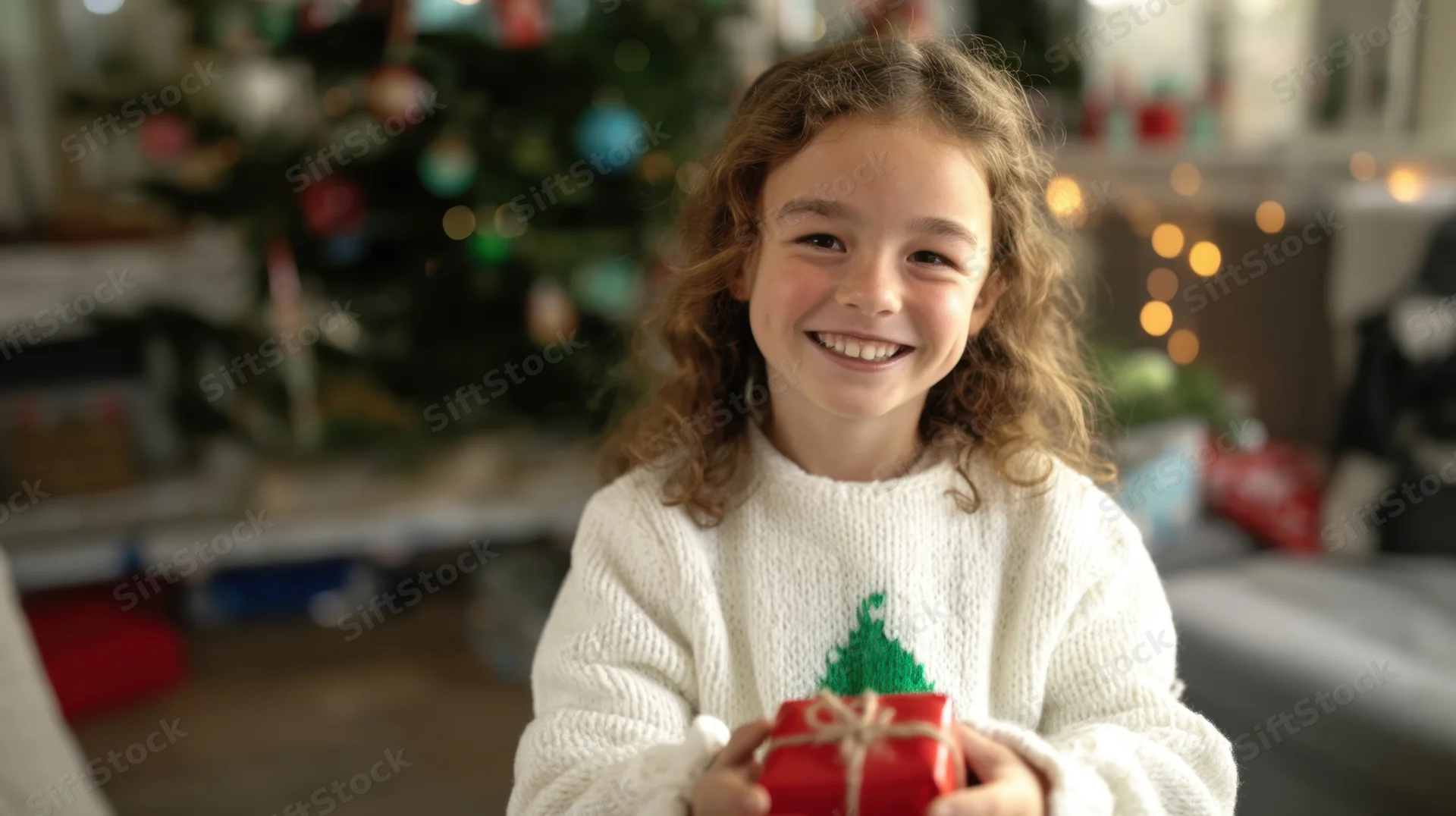 Young girl smiling while holding a wrapped gift in front of a decorated christmas tree in a cozy living room