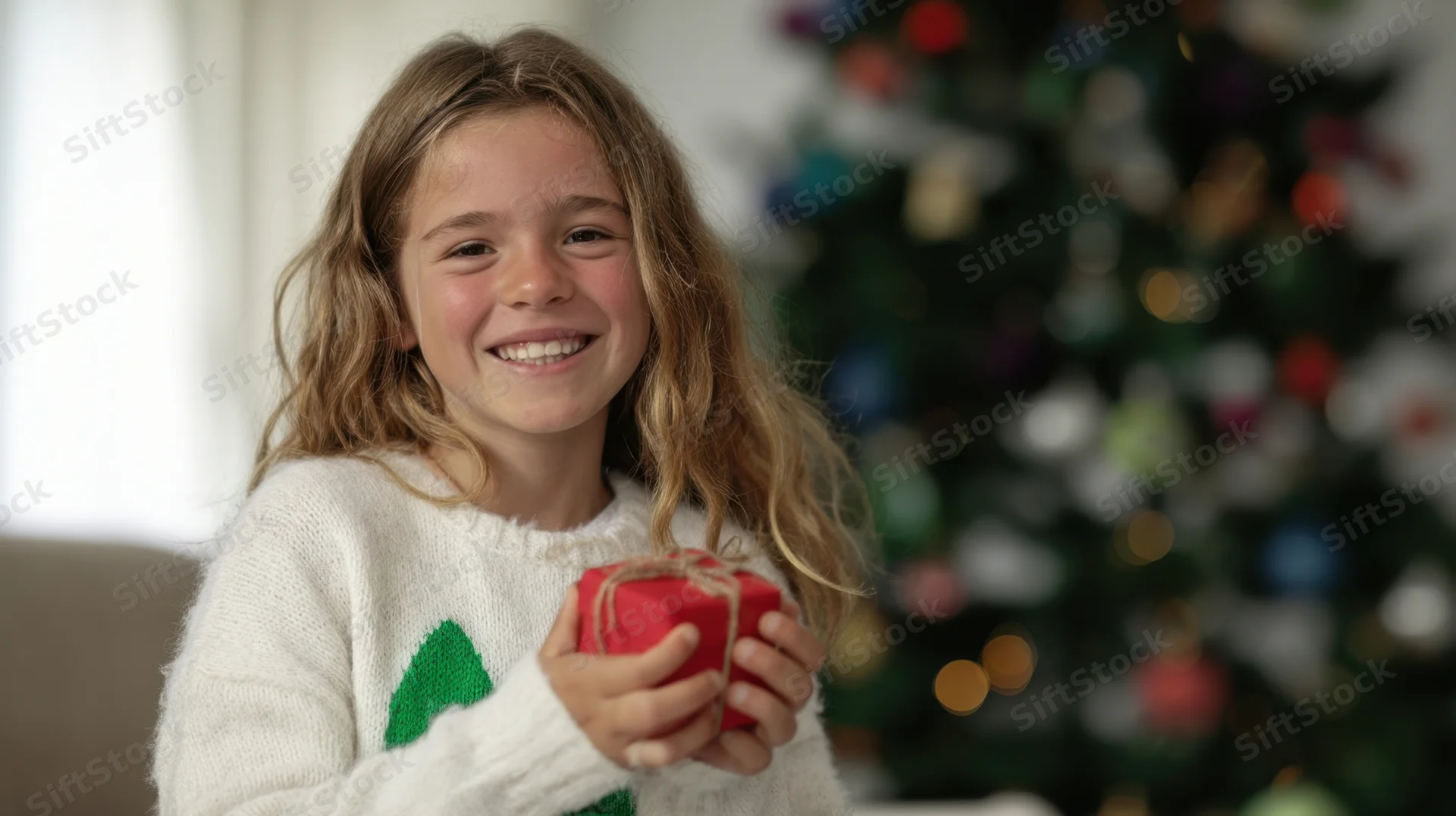 Smiling girl holding a wrapped gift in front of a decorated christmas tree