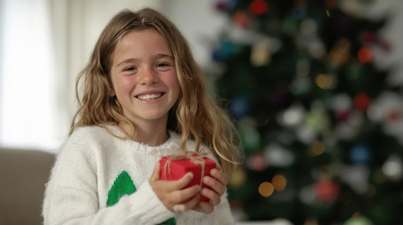 Smiling girl holding a wrapped gift in front of a decorated christmas tree