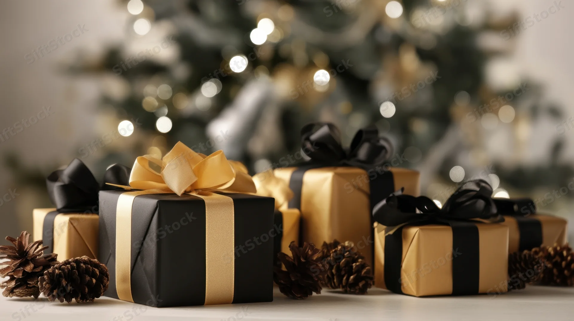 Black and gold wrapped gifts with pinecones arranged in front of a blurred christmas tree with lights