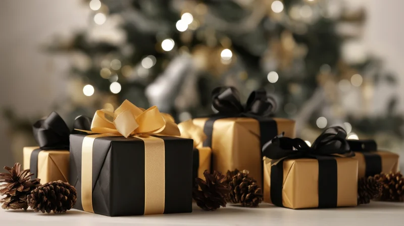 Black and gold wrapped gifts with pinecones arranged in front of a blurred christmas tree with lights
