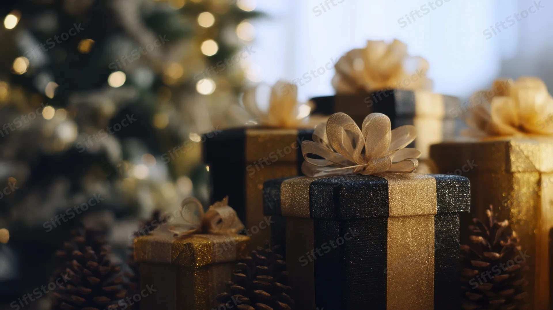 Black and gold wrapped gifts with bows and pinecones near a lit christmas tree