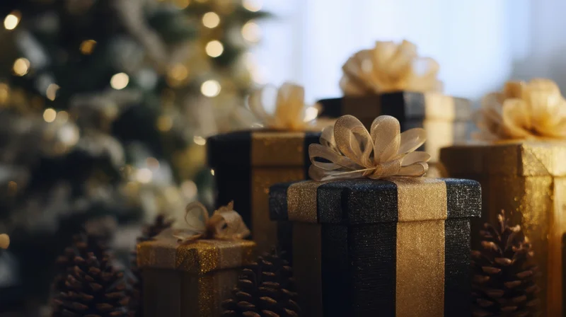Black and gold wrapped gifts with bows and pinecones near a lit christmas tree