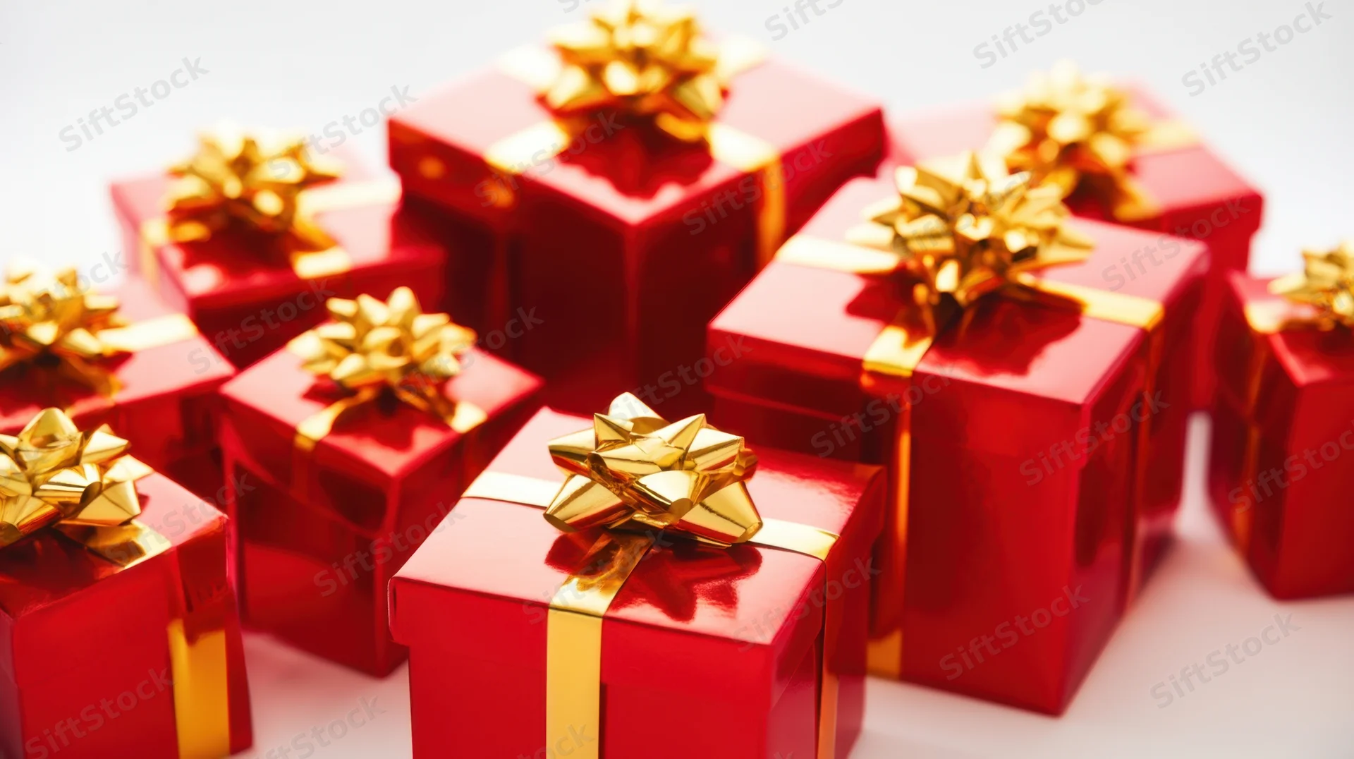 Red gift boxes with gold ribbons and bows arranged in a cluster on a white surface