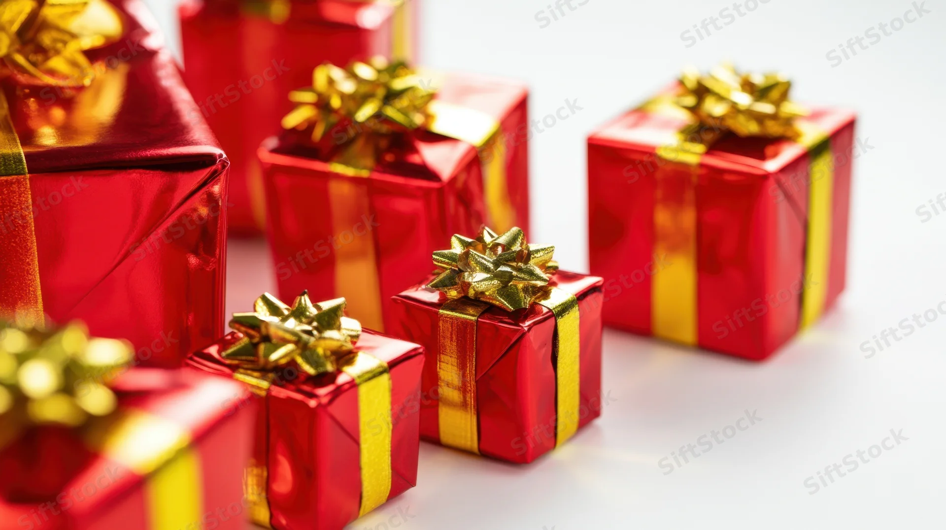 Red gift boxes with gold ribbons and bows arranged on a white surface