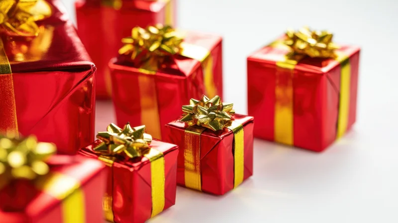 Red gift boxes with gold ribbons and bows arranged on a white surface