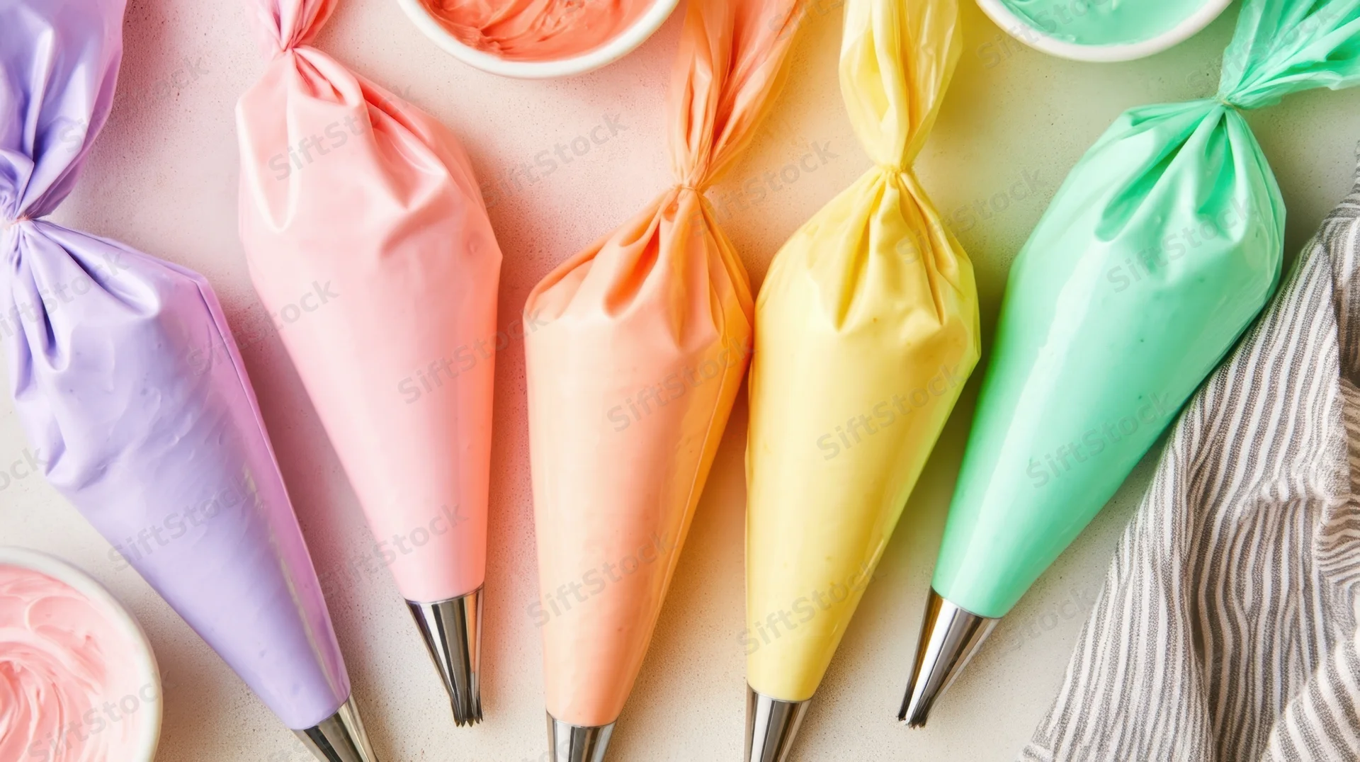 Colorful icing bags in pastel shades arranged on a countertop with bowls of frosting and a striped cloth