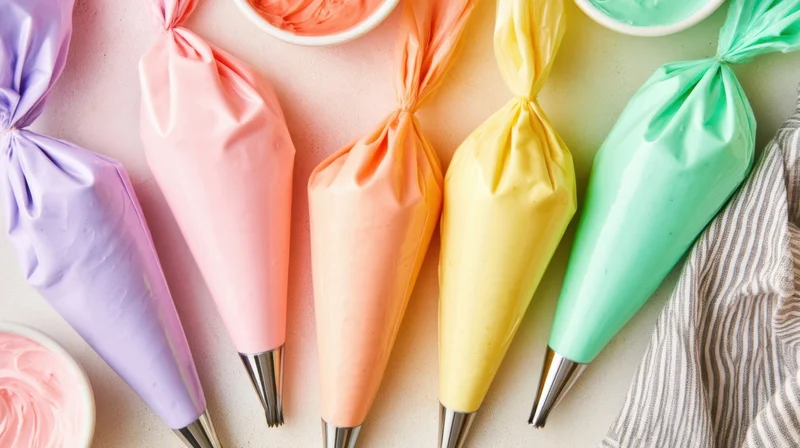 Colorful icing bags in pastel shades arranged on a countertop with bowls of frosting and a striped cloth