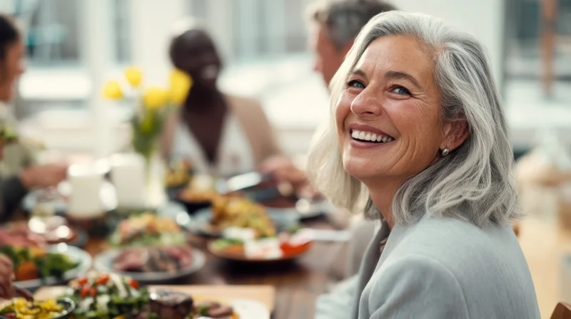 Smiling senior woman at a dinner table with diverse group enjoying a meal together indoors