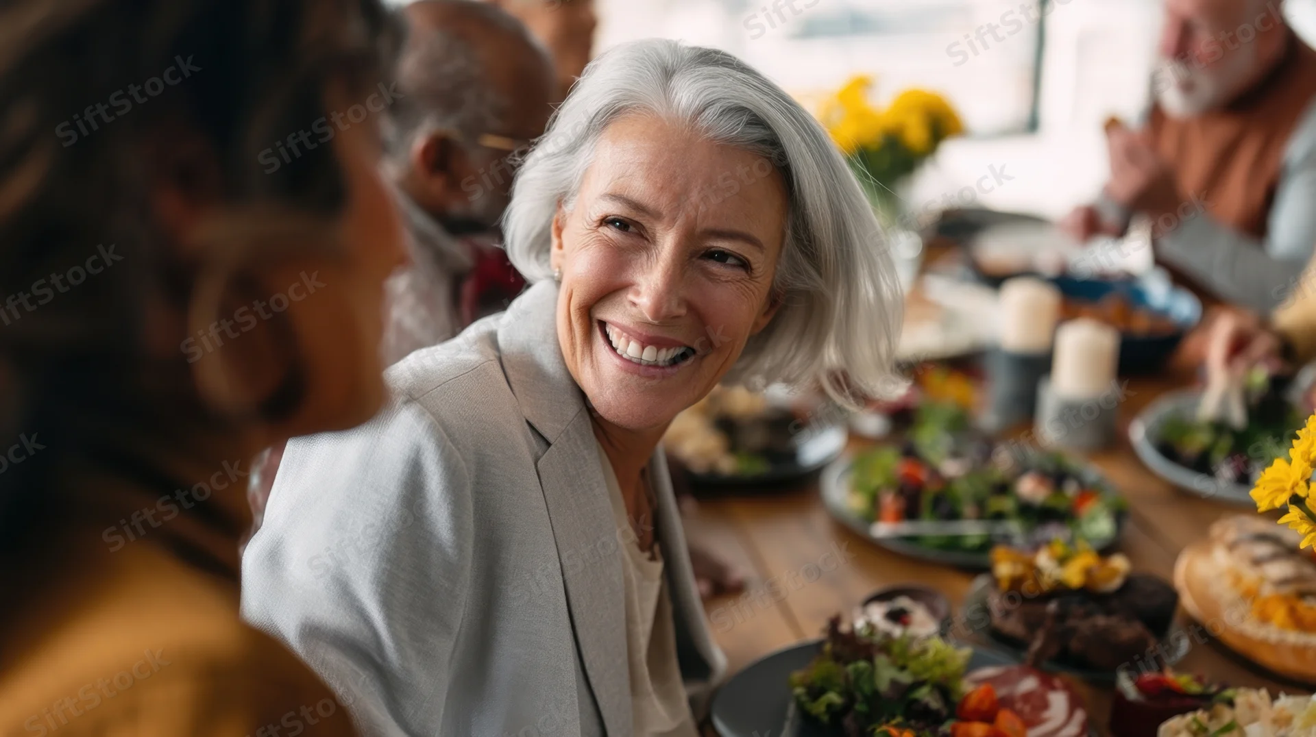 Smiling senior woman at a dining table with food and candles during a family gathering