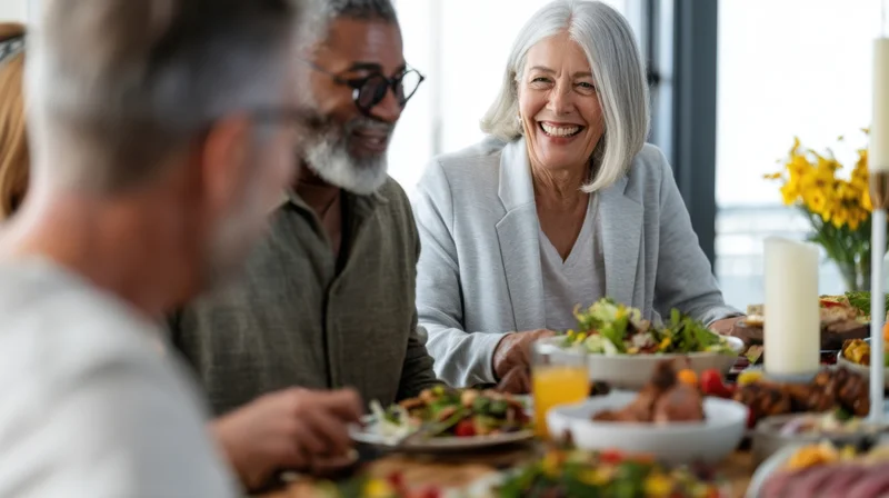 Smiling senior woman laughing during dinner with diverse group at dining table