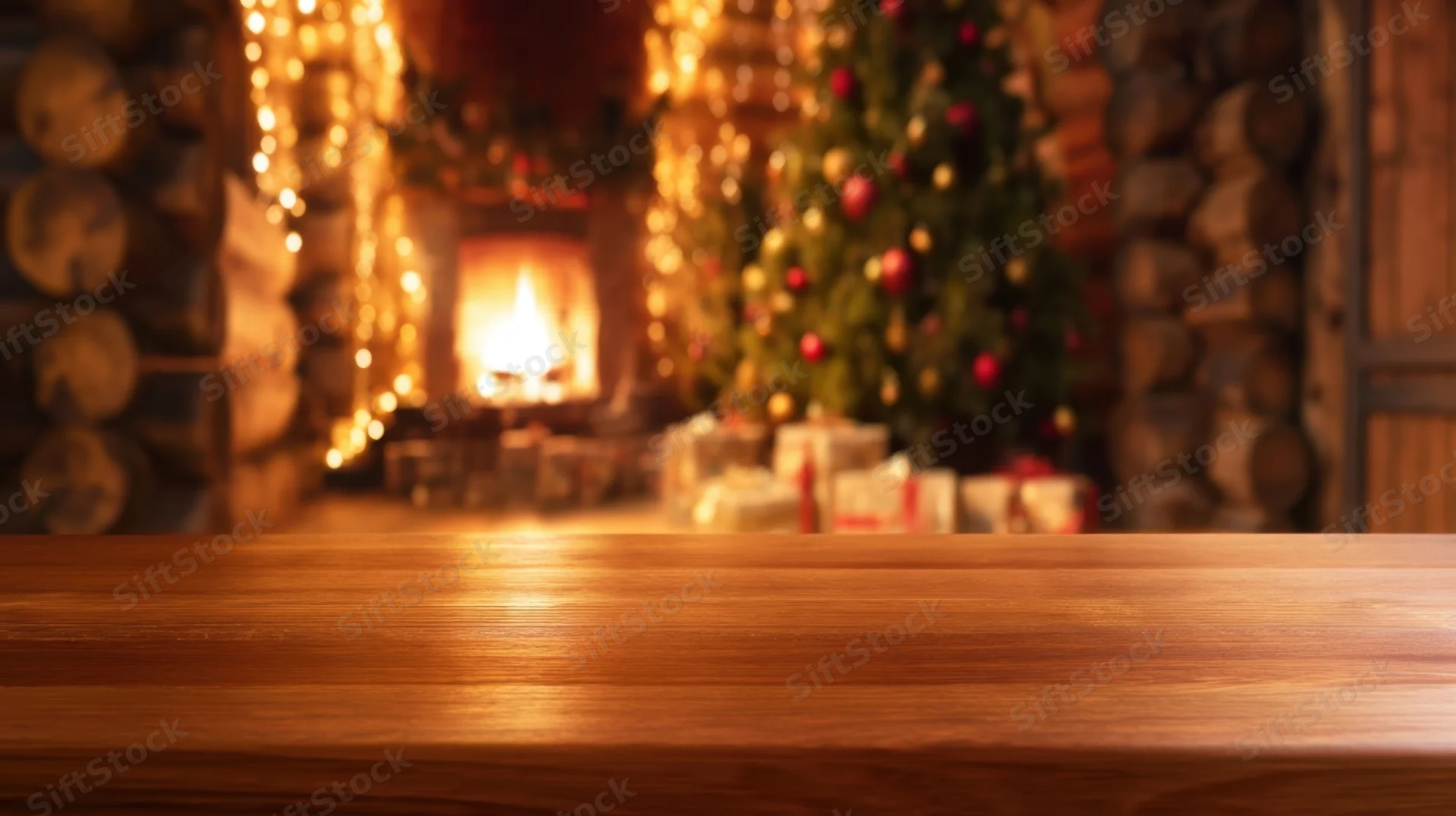 Wooden table in front of a lit fireplace and decorated christmas tree with gifts, in a cozy home interior