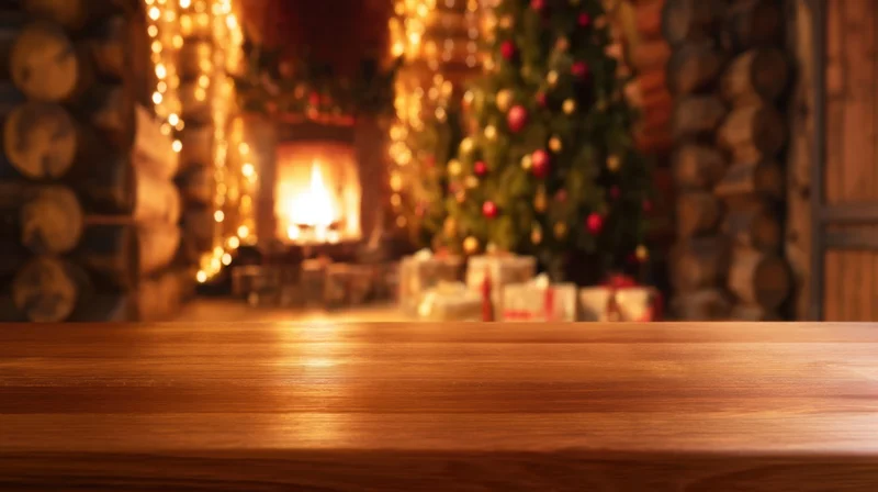 Wooden table in front of a lit fireplace and decorated christmas tree with gifts, in a cozy home interior