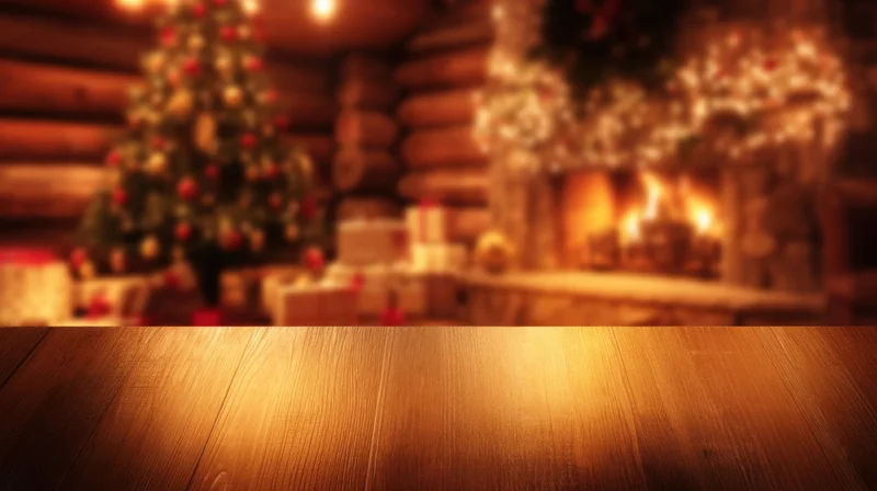 Wooden table in foreground with blurred christmas scene behind featuring fireplace and decorated tree in log cabin interior