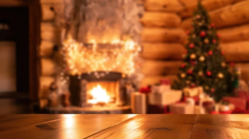 Wooden table in foreground with blurred christmas scene featuring fireplace and decorated tree in log cabin interior