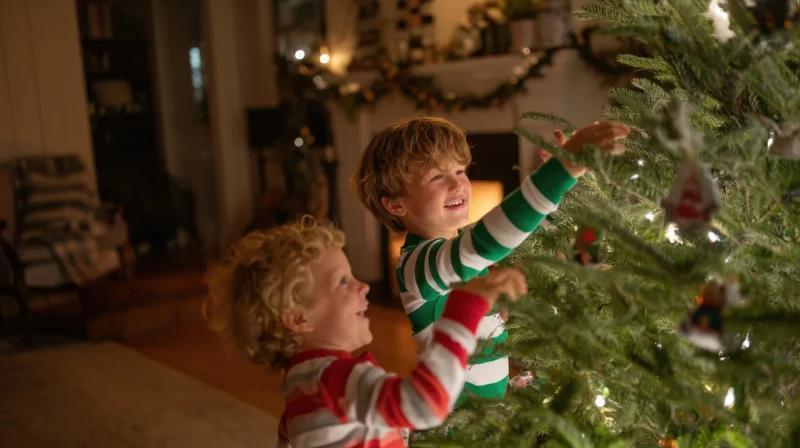 Two young boys decorating a christmas tree in a cozy living room with warm lights and holiday decor