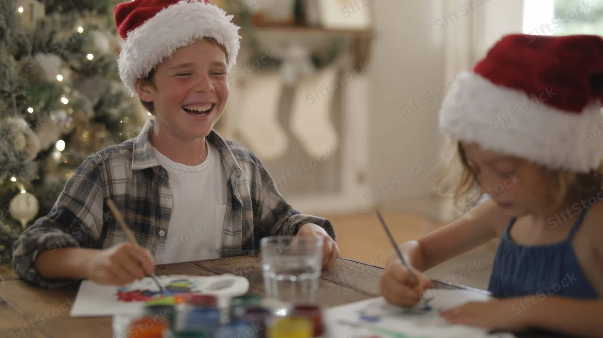 Two children wearing santa hats painting at a wooden table in a decorated living room