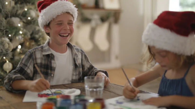 Two children wearing santa hats painting at a wooden table in a decorated living room