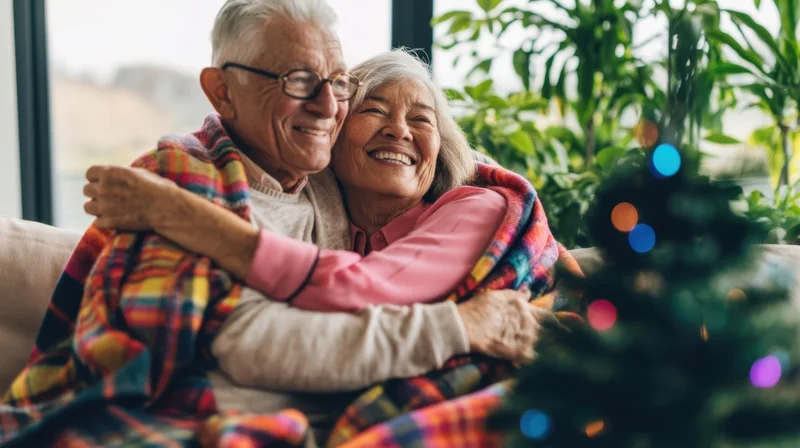 Elderly couple hugging on a couch wrapped in a plaid blanket near a christmas tree