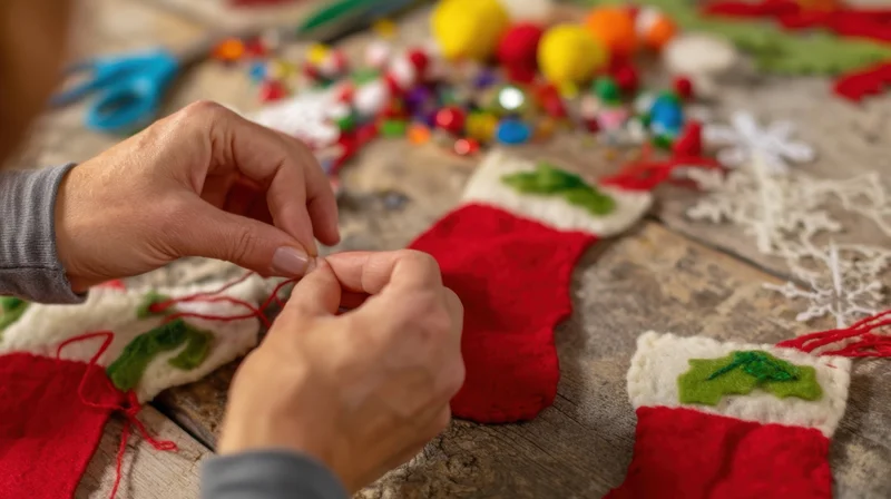 Hands sewing red and white felt christmas ornaments on a wooden table surrounded by craft supplies
