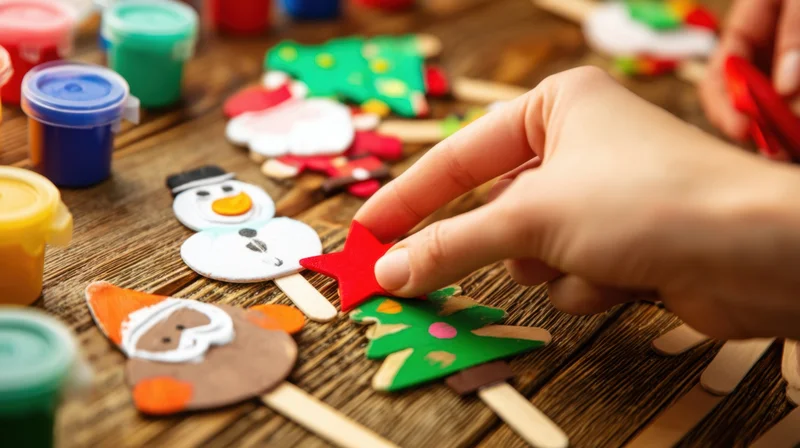 Woman placing red star on green christmas tree craft made with popsicle sticks on wooden table