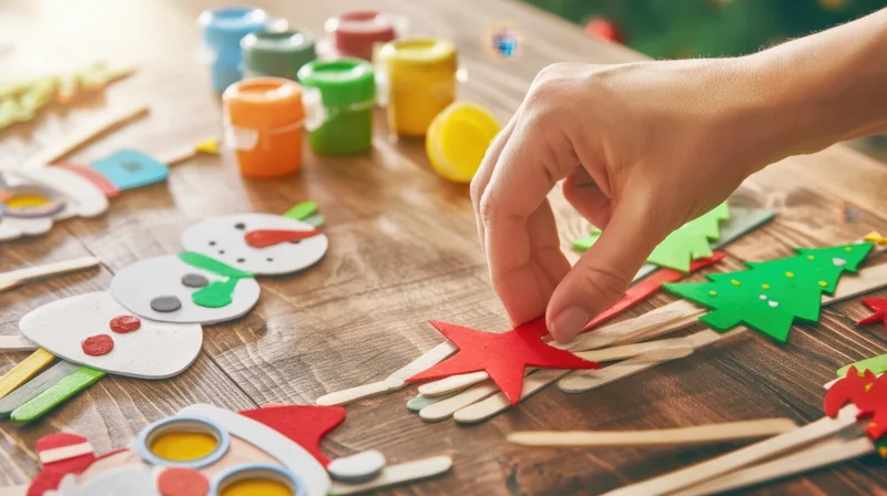 Hand arranging colorful popsicle stick crafts on wooden table with paint jars and holiday shapes