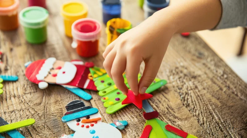 Child placing red star on popsicle stick christmas tree craft on wooden table