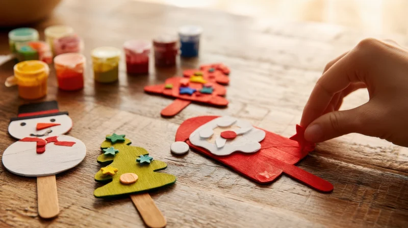 Hand placing a red popsicle stick santa craft on a wooden table with other holiday decorations and paint jars nearby