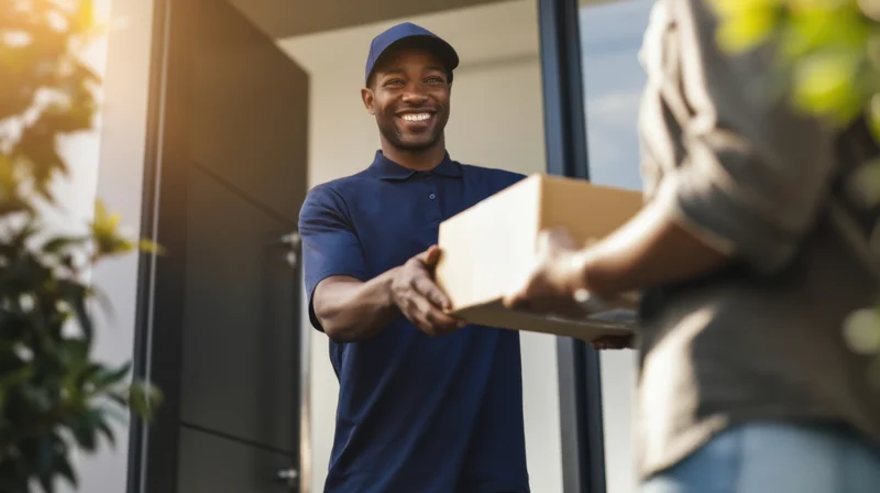 Smiling delivery man handing package to recipient at front door