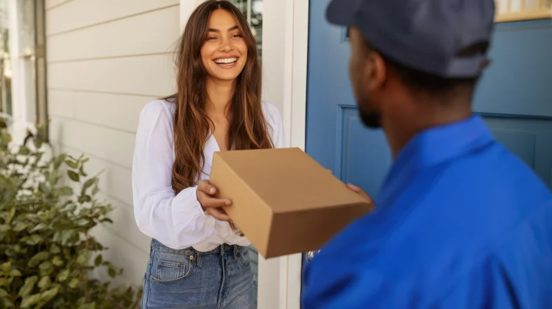 Young woman smiling as she receives a package from a delivery person at her front door
