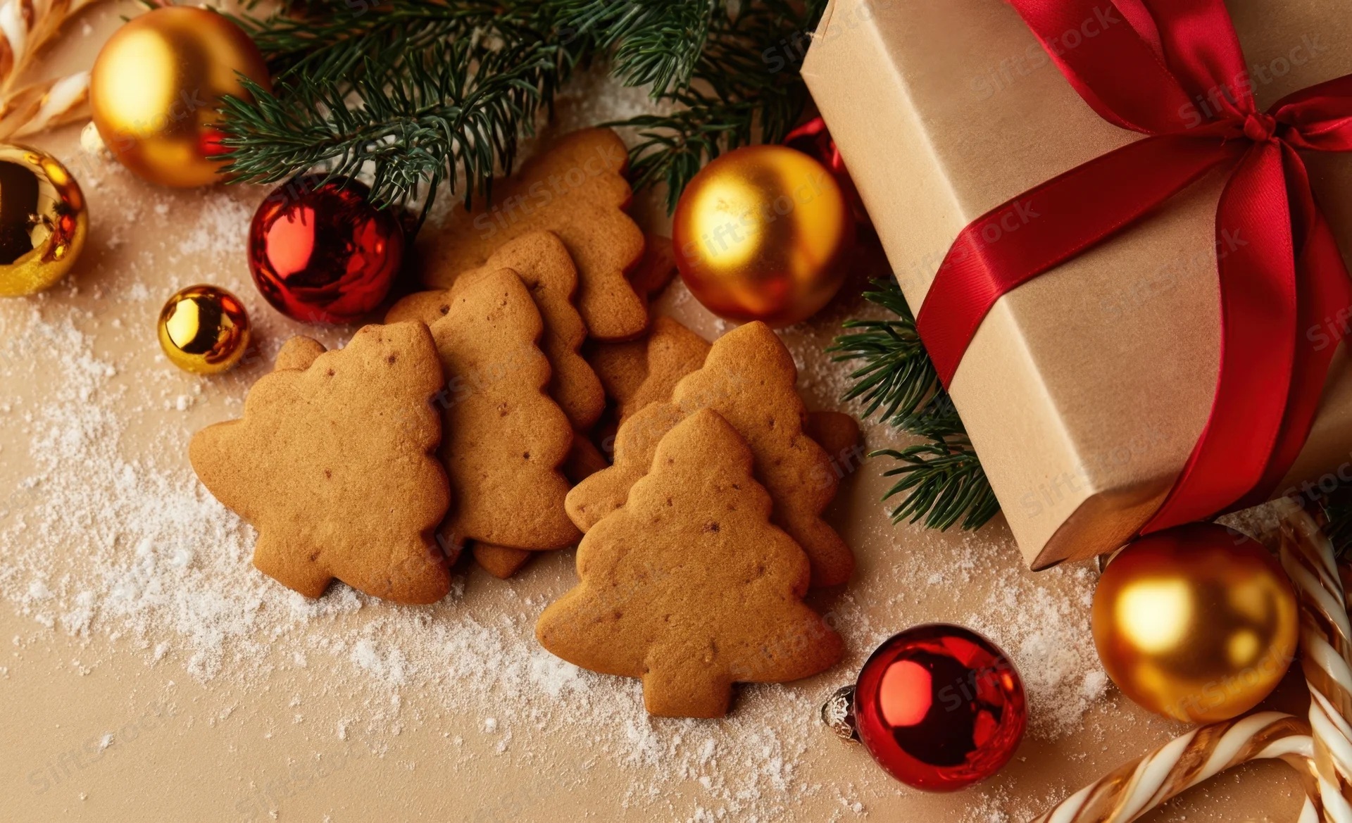 Gingerbread cookies shaped like christmas trees arranged with ornaments, candy canes, and a wrapped gift on a dusted surface