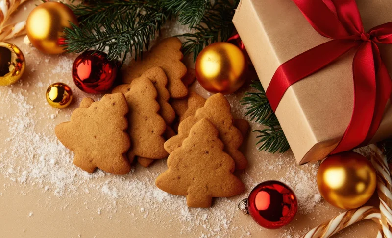 Gingerbread cookies shaped like christmas trees arranged with ornaments, candy canes, and a wrapped gift on a dusted surface