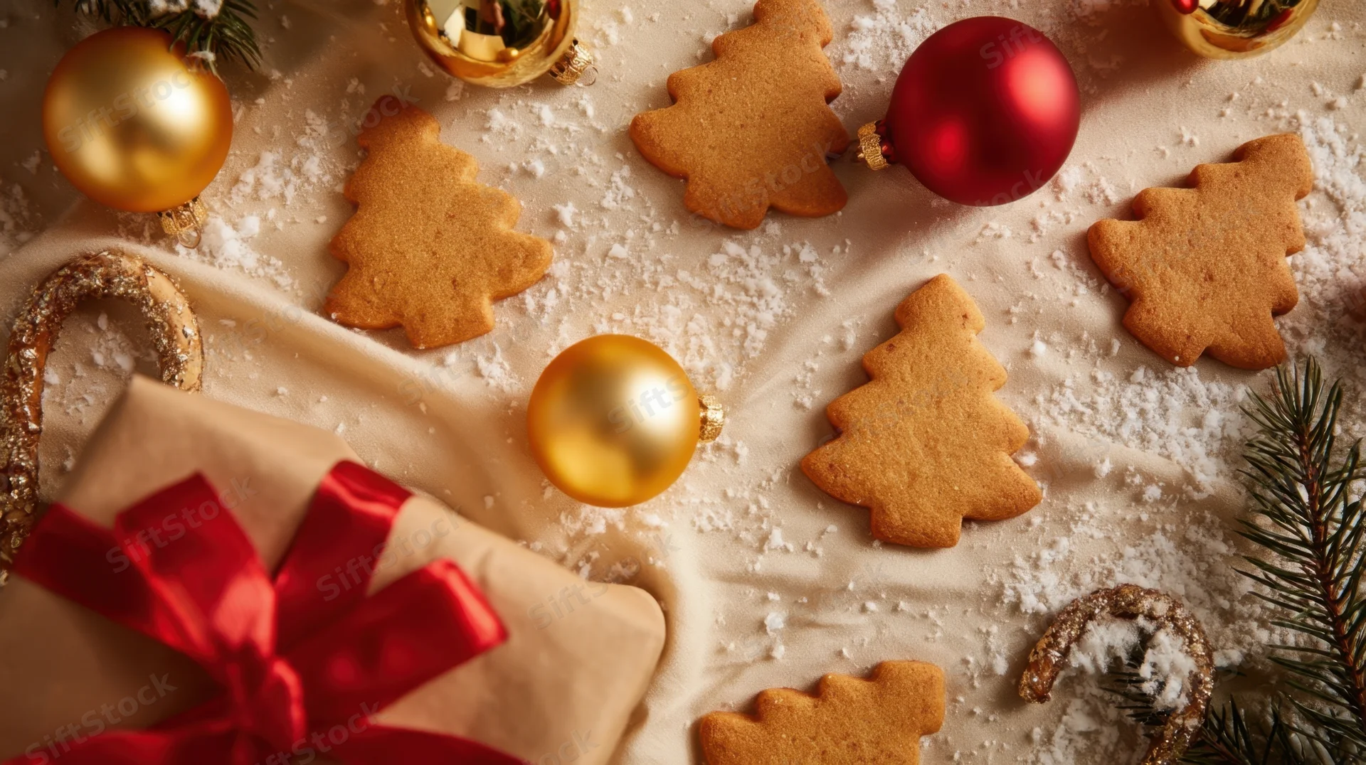 Gingerbread cookies shaped like trees arranged with red and gold ornaments, a wrapped gift, pine branches and snow on a beige surface