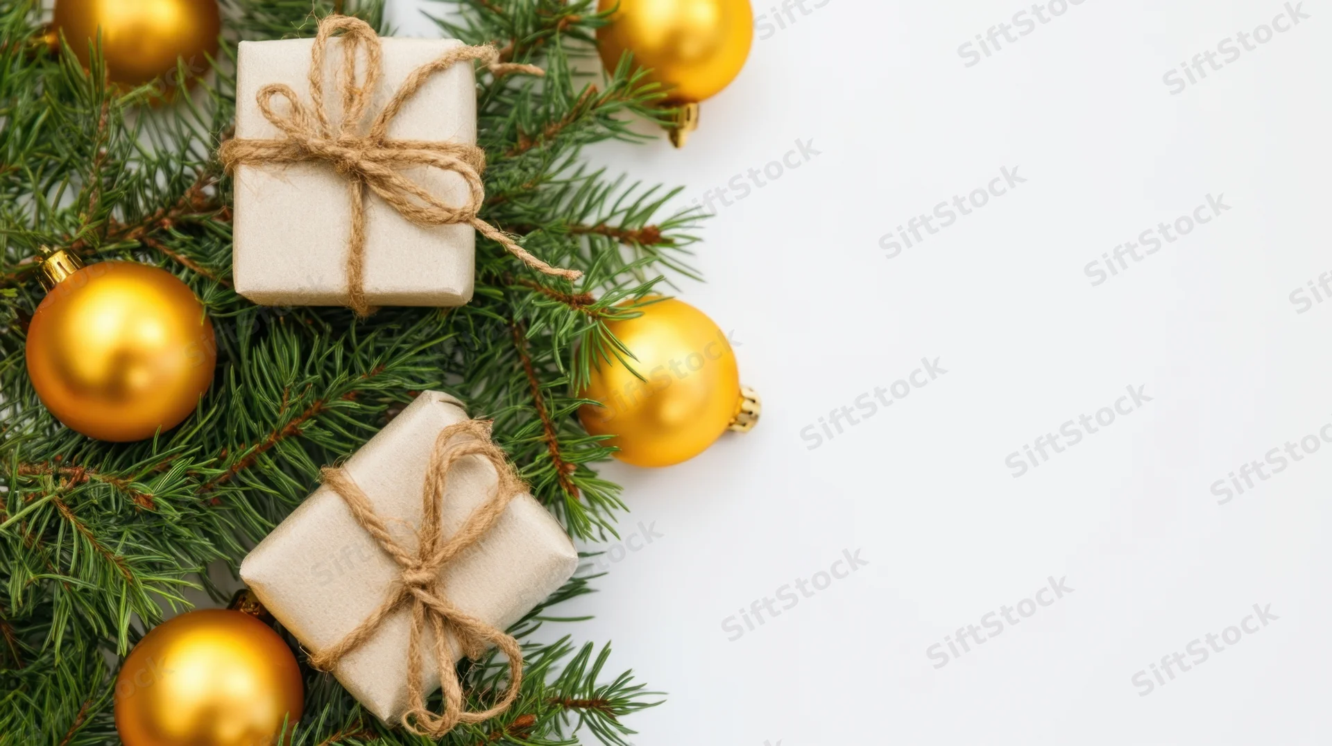 Two small wrapped gifts with gold ornaments and pine branches arranged on white surface