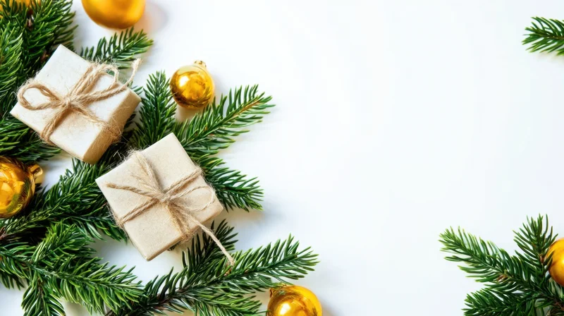Two small wrapped gifts with pine branches and gold ornaments arranged on white surface