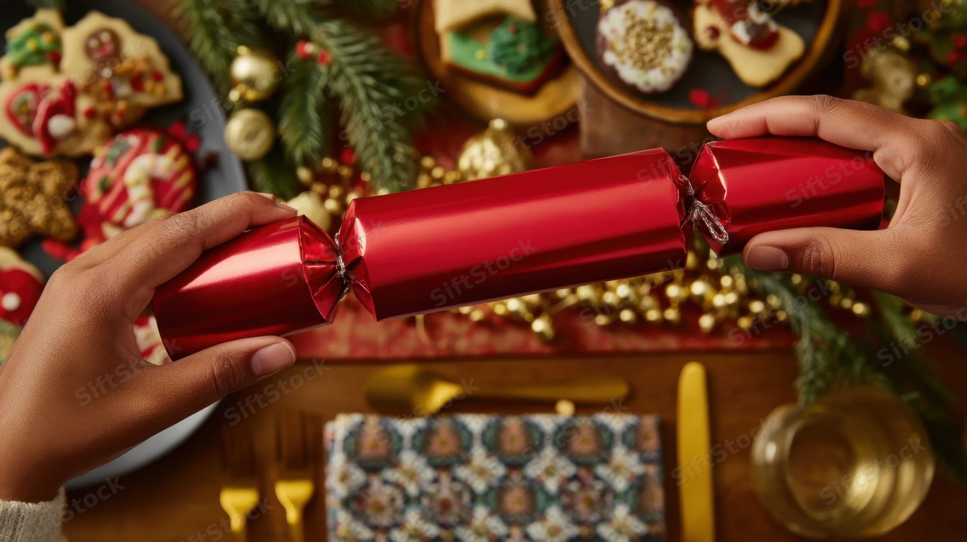 Hands pulling a red christmas cracker on a festive dinner table with cookies and decorations