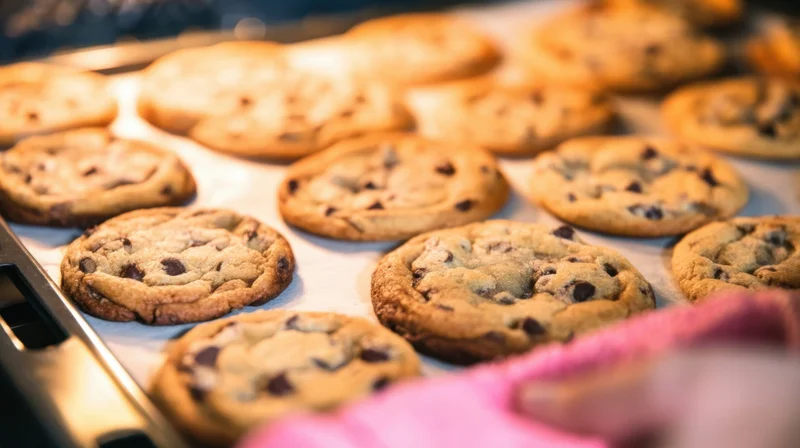 Freshly baked chocolate chip cookies on a parchment-lined tray in a kitchen, held with a pink oven mitt