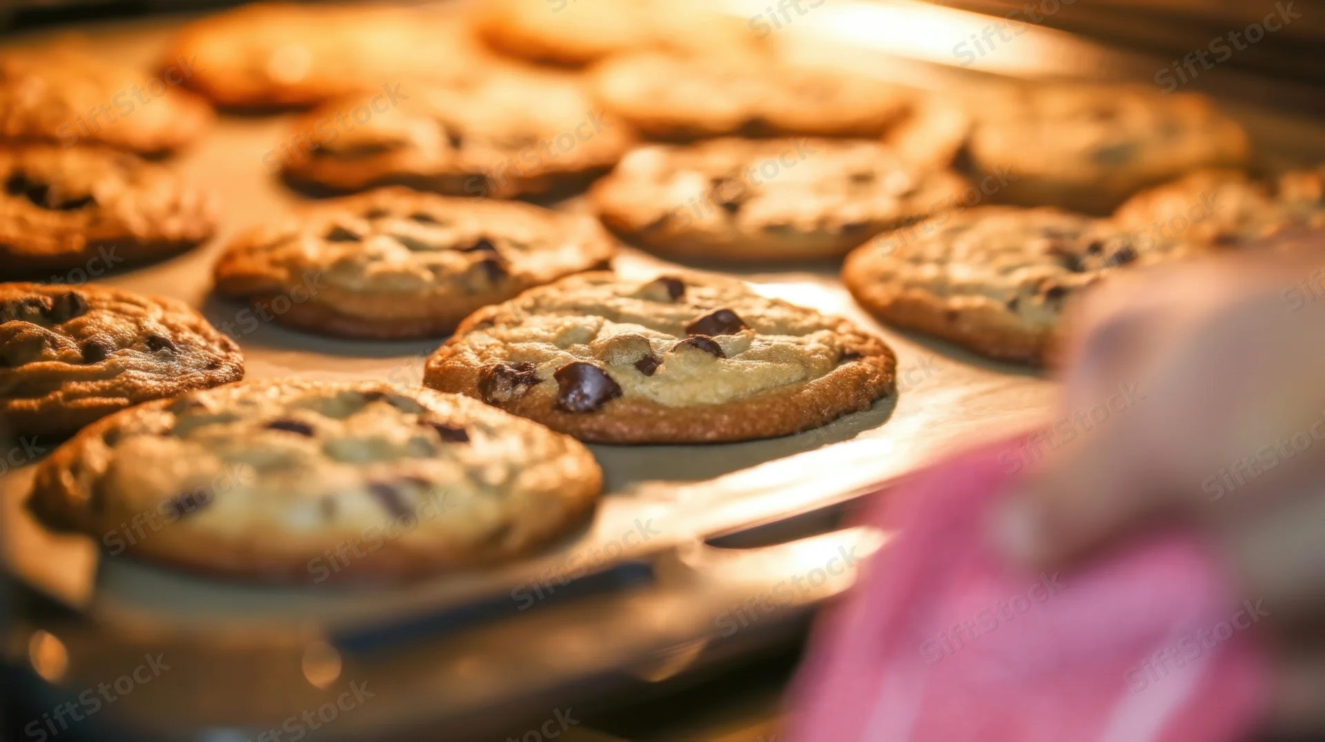 Freshly baked chocolate chip cookies on a tray being removed from the oven