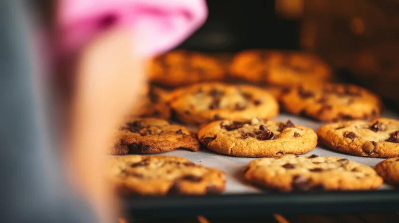 Freshly baked chocolate chip cookies on a tray inside an oven, viewed from the side with a hand holding the oven door open