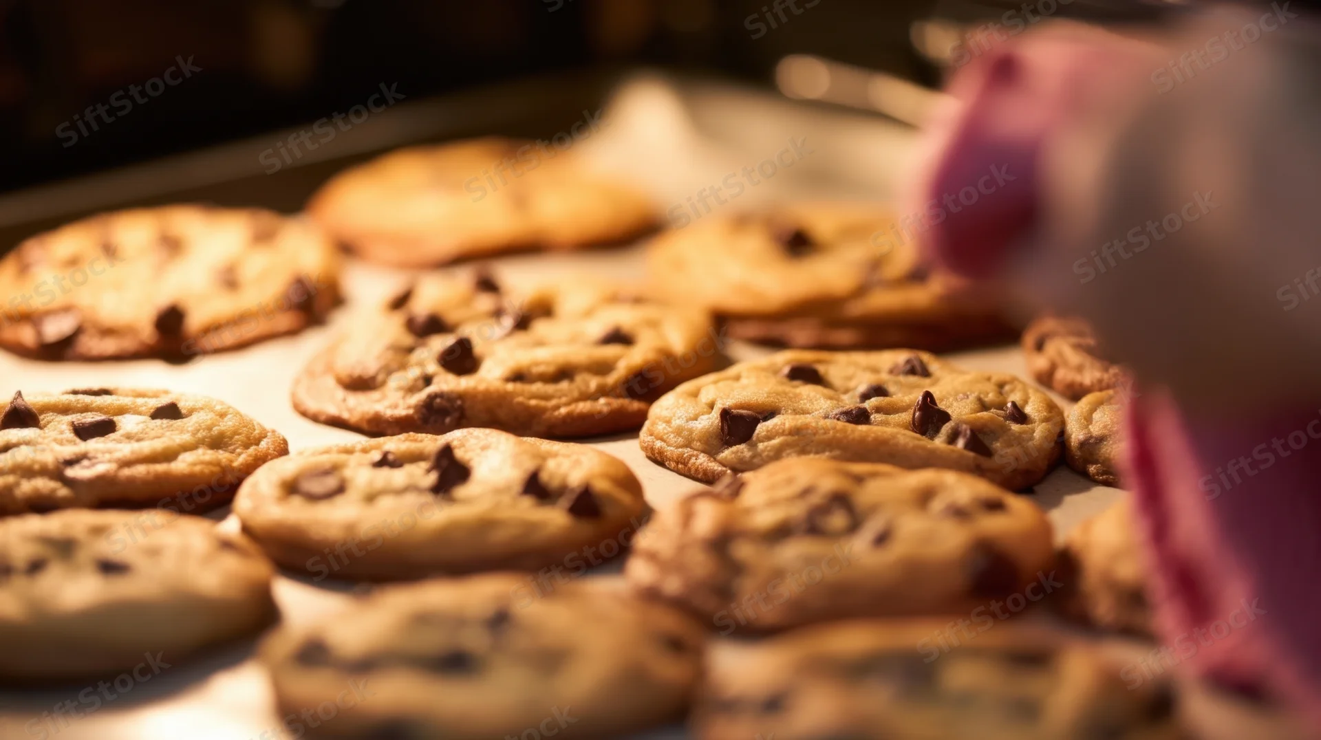 Freshly baked chocolate chip cookies arranged on a baking tray with parchment paper, golden and warm from the oven