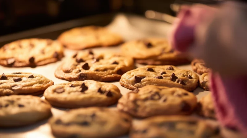 Freshly baked chocolate chip cookies arranged on a baking tray with parchment paper, golden and warm from the oven