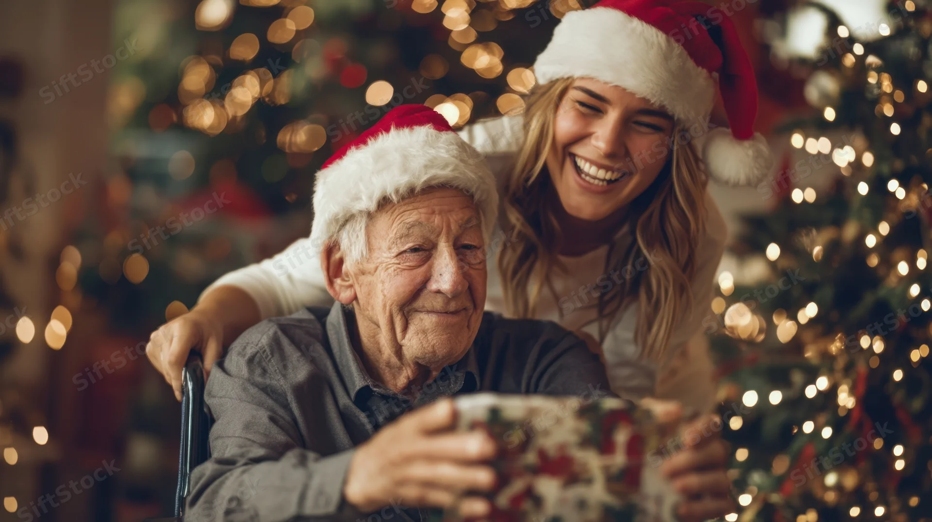 Elderly man in wheelchair holding a wrapped gift with a smiling woman behind him, both wearing santa hats near a decorated christmas tree