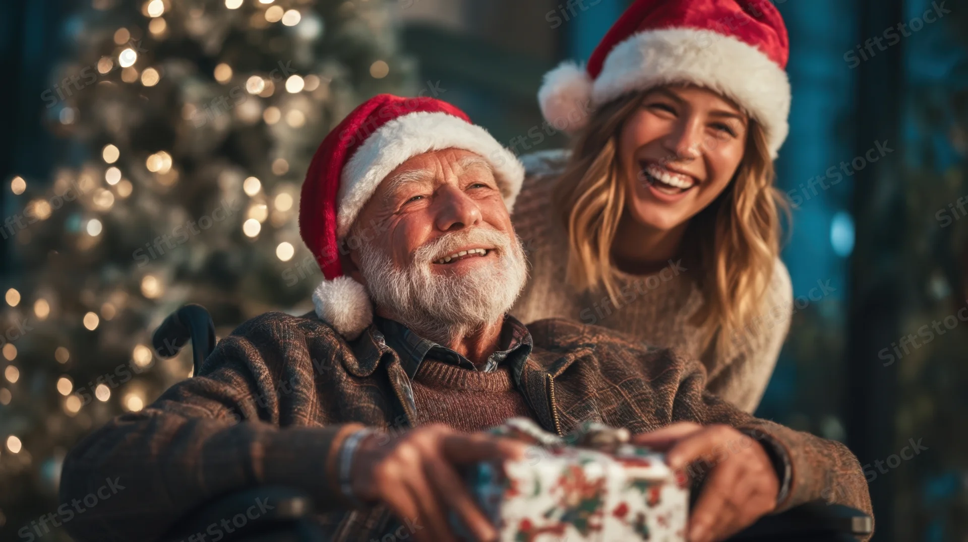 Senior man in wheelchair holding a wrapped gift with a smiling woman behind him, both wearing santa hats near a lit christmas tree indoors