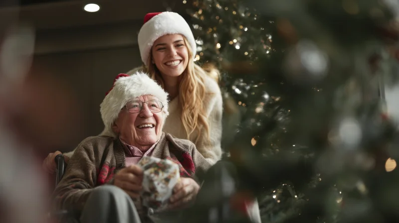 Elderly man in wheelchair smiling while holding a gift, with a young woman behind him, both wearing santa hats near a decorated christmas tree indoors