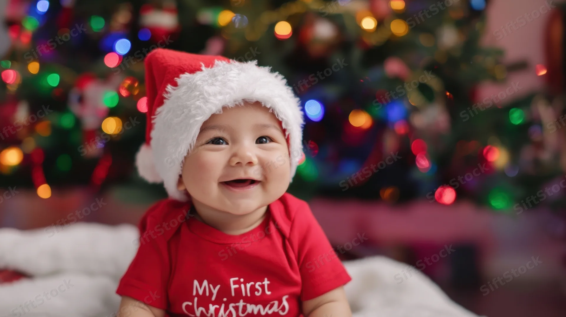 Baby wearing santa hat and red shirt with my first christmas text in front of decorated christmas tree with colorful lights