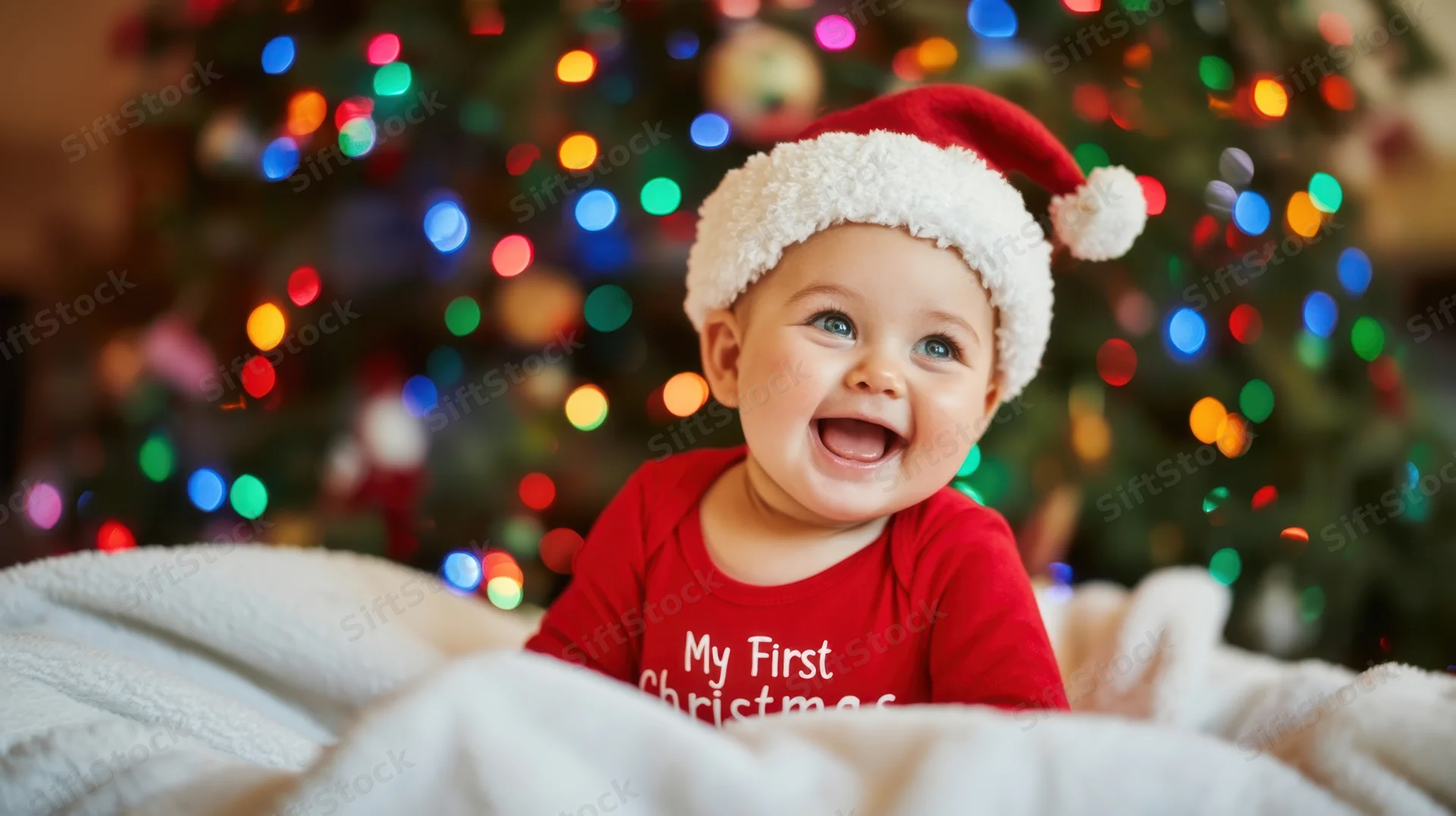 Baby wearing santa hat and red shirt with my first christmas text sitting on blanket in front of decorated christmas tree with colorful lights