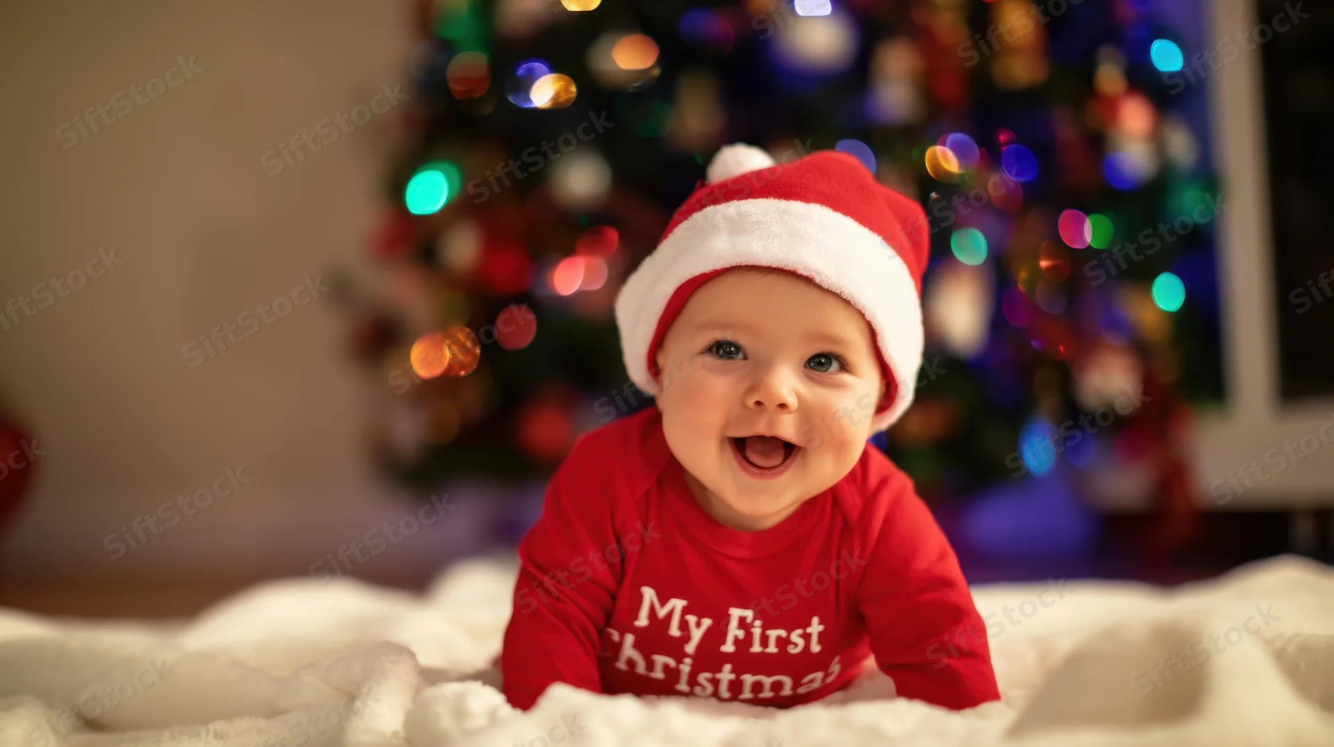 Baby wearing santa hat and red shirt with my first christmas text lying on white blanket in front of decorated christmas tree