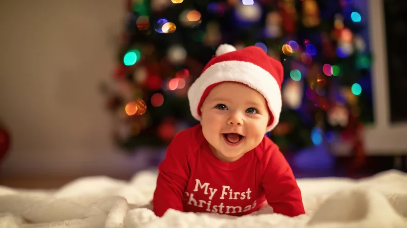 Baby wearing santa hat and red shirt with my first christmas text lying on white blanket in front of decorated christmas tree