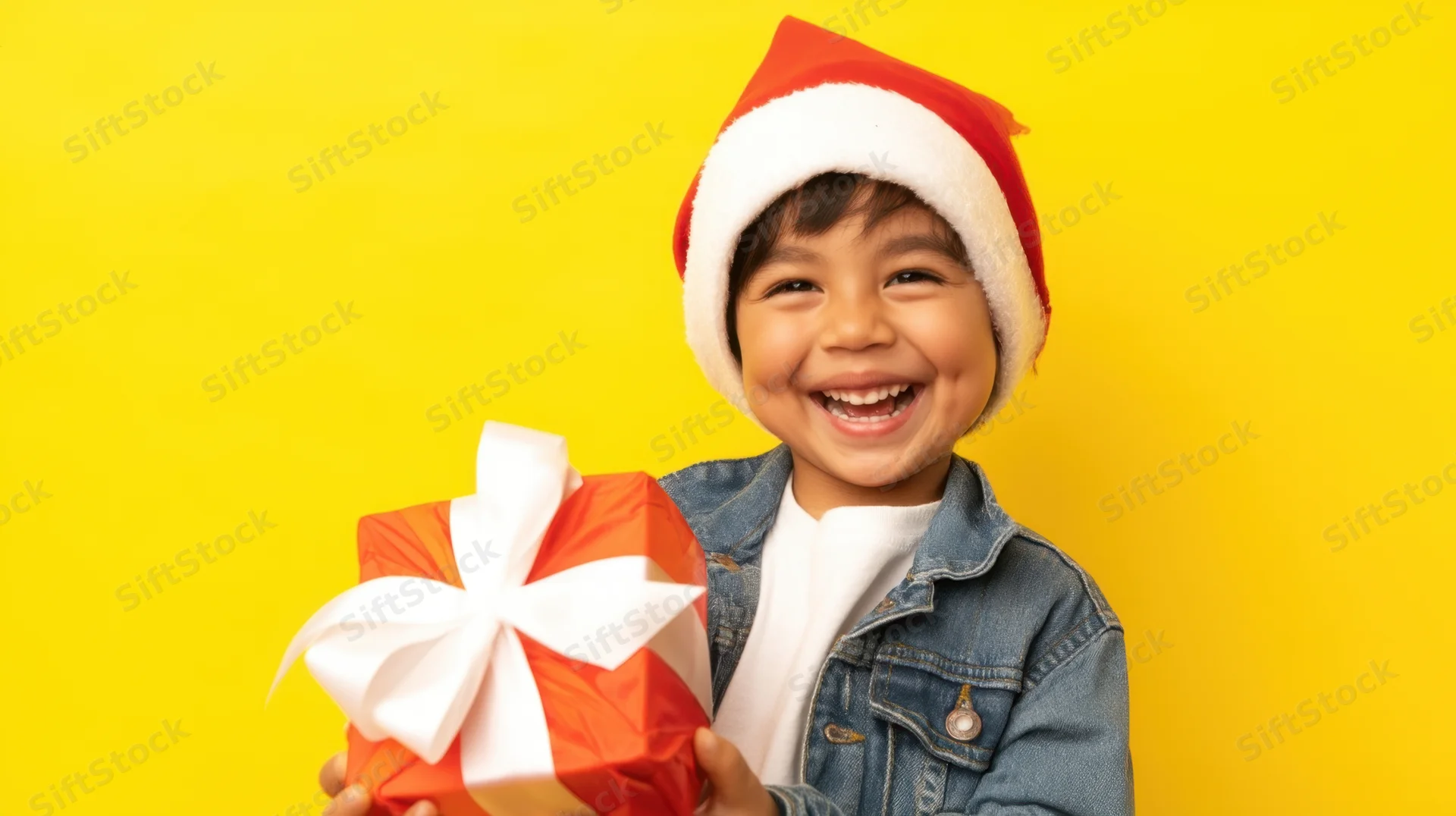 Child wearing santa hat holding wrapped gift against yellow background